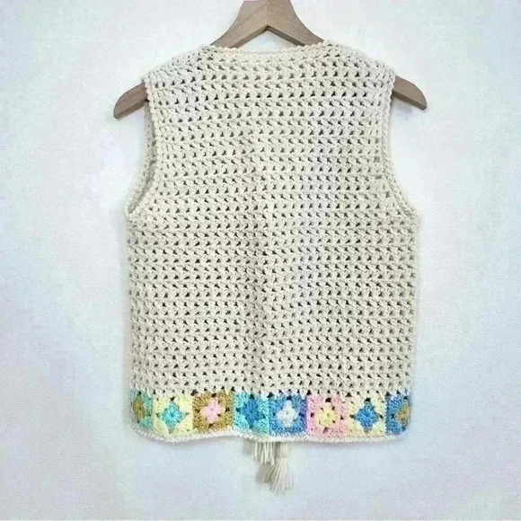 Crochet Cream and Multicolor Granny Square Tie Front with Tassle Wool Boho Vest - Picture 5 of 15